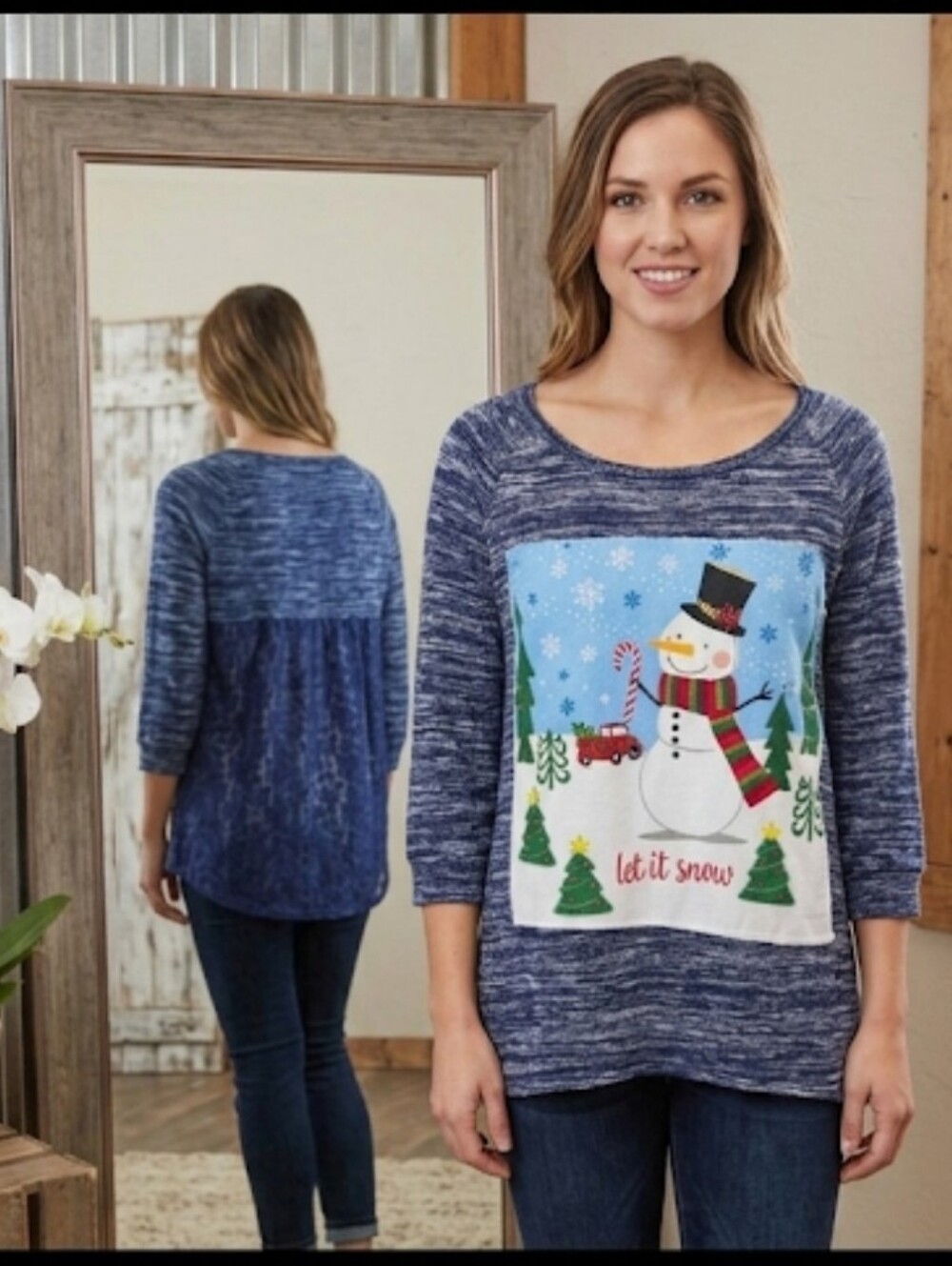 Upcycled Christmas Top Snowman S-M Navy Blue & Lace
